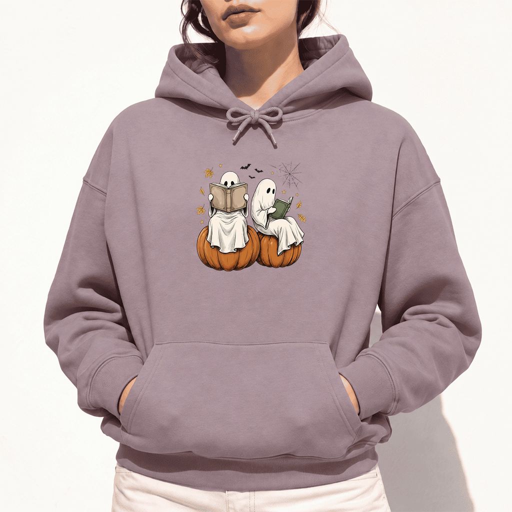 Small Ghosts Reading on Pumpkins Softstyle Hoodie | Spooky Book Lover Gift Paragon