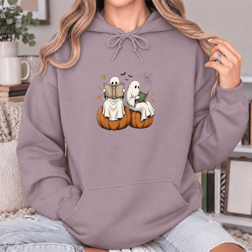Small Ghosts Reading on Pumpkins Softstyle Hoodie | Spooky Book Lover Gift Paragon