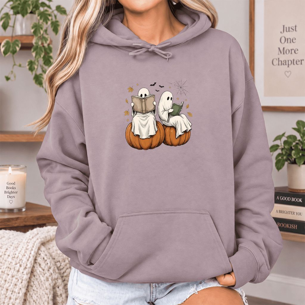 Small Ghosts Reading on Pumpkins Softstyle Hoodie | Spooky Book Lover Gift Paragon