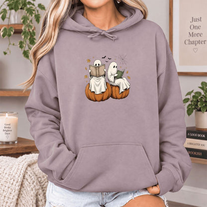 Small Ghosts Reading on Pumpkins Softstyle Hoodie | Spooky Book Lover Gift Paragon