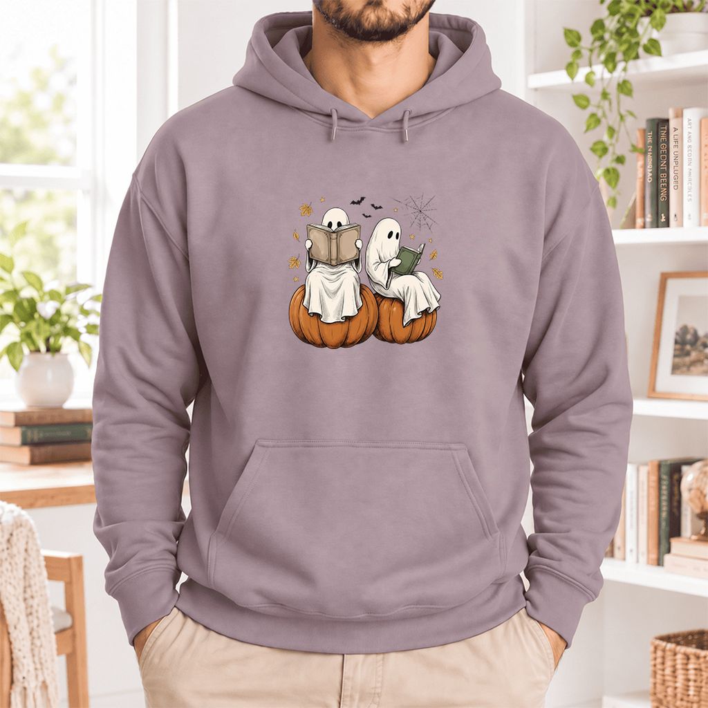 Small Ghosts Reading on Pumpkins Softstyle Hoodie | Spooky Book Lover Gift Paragon