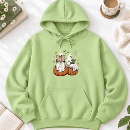Small Ghosts Reading on Pumpkins Softstyle Hoodie | Spooky Book Lover Gift Pistachio