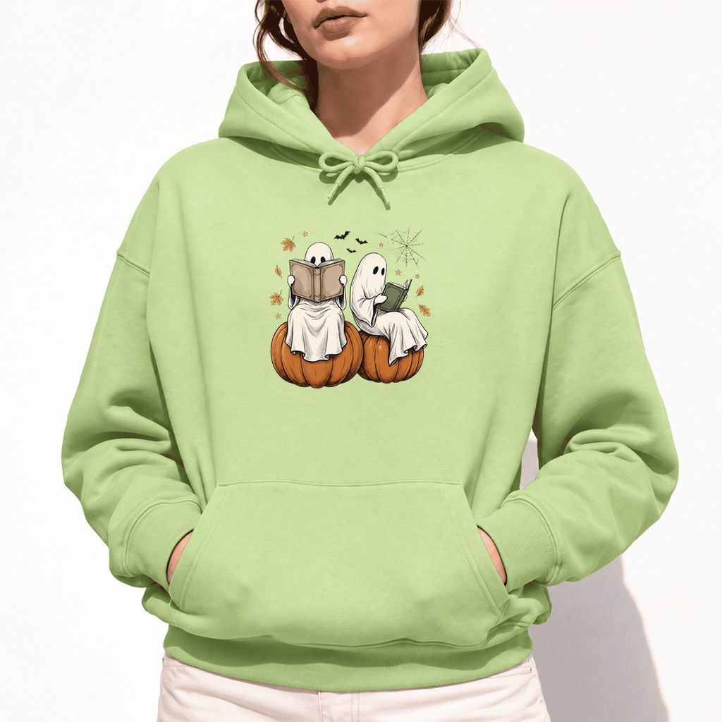 Small Ghosts Reading on Pumpkins Softstyle Hoodie | Spooky Book Lover Gift Pistachio