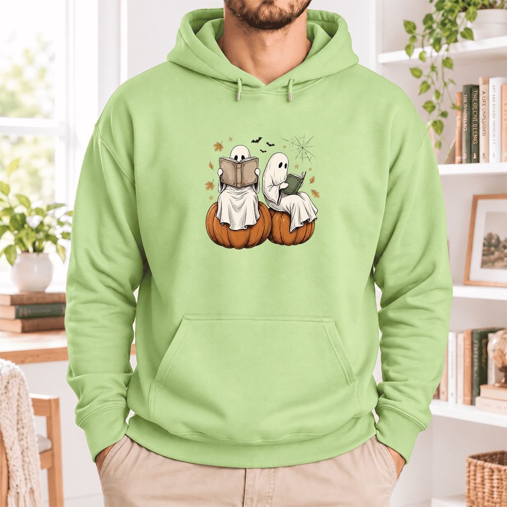 Small Ghosts Reading on Pumpkins Softstyle Hoodie | Spooky Book Lover Gift Pistachio