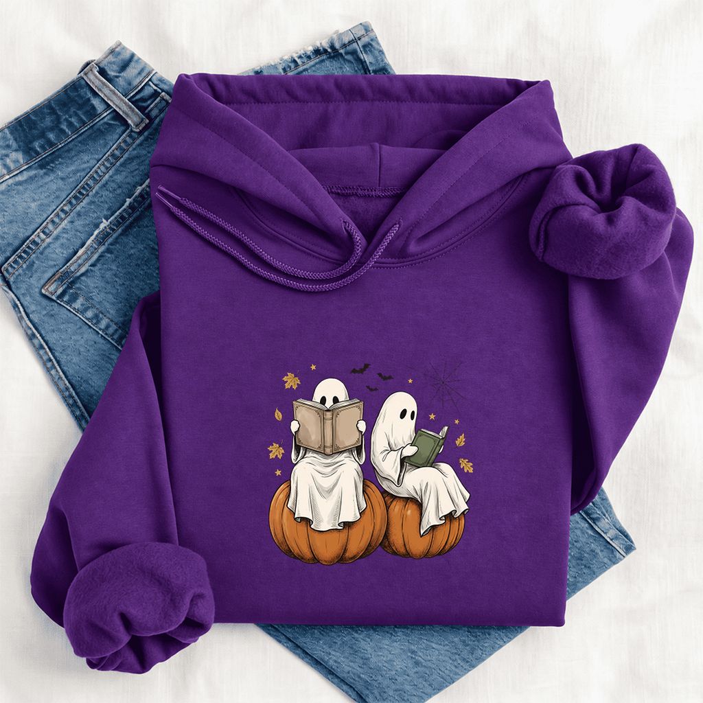 Small Ghosts Reading on Pumpkins Softstyle Hoodie | Spooky Book Lover Gift Purple