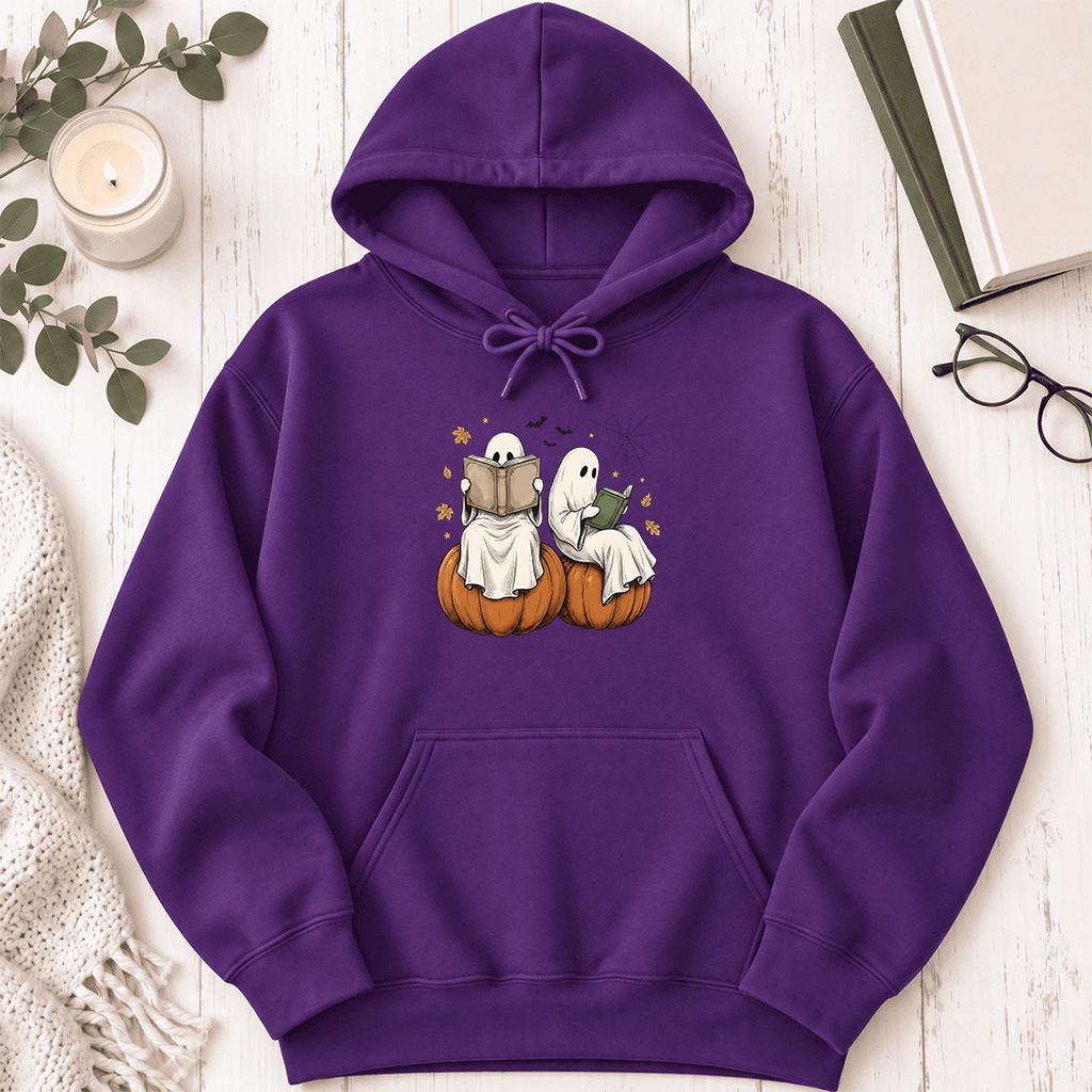 Small Ghosts Reading on Pumpkins Softstyle Hoodie | Spooky Book Lover Gift Purple