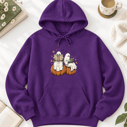 Small Ghosts Reading on Pumpkins Softstyle Hoodie | Spooky Book Lover Gift Purple