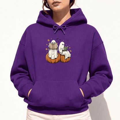 Small Ghosts Reading on Pumpkins Softstyle Hoodie | Spooky Book Lover Gift Purple