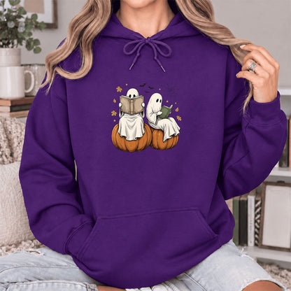 Small Ghosts Reading on Pumpkins Softstyle Hoodie | Spooky Book Lover Gift Purple