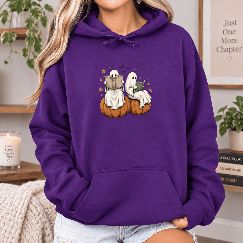 Small Ghosts Reading on Pumpkins Softstyle Hoodie | Spooky Book Lover Gift Purple