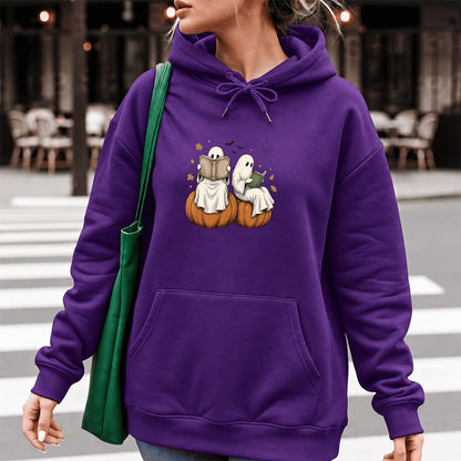 Small Ghosts Reading on Pumpkins Softstyle Hoodie | Spooky Book Lover Gift Purple