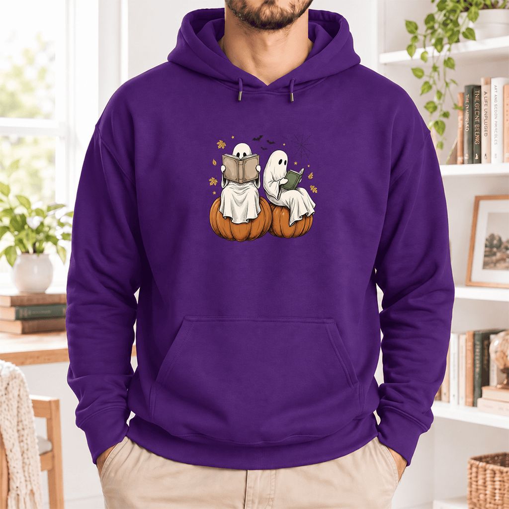 Small Ghosts Reading on Pumpkins Softstyle Hoodie | Spooky Book Lover Gift Purple