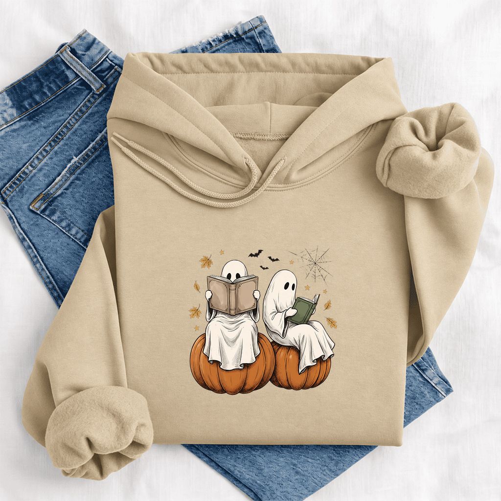 Small Ghosts Reading on Pumpkins Softstyle Hoodie | Spooky Book Lover Gift Sand