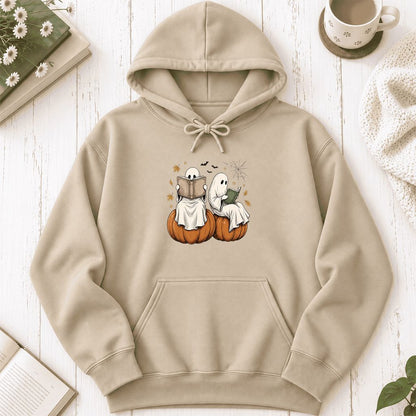 Small Ghosts Reading on Pumpkins Softstyle Hoodie | Spooky Book Lover Gift Sand