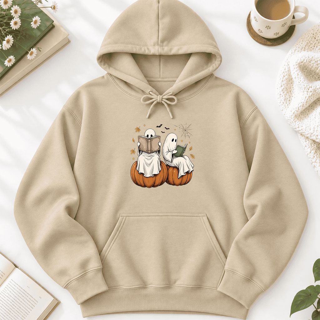 Small Ghosts Reading on Pumpkins Softstyle Hoodie | Spooky Book Lover Gift Sand