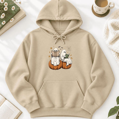 Small Ghosts Reading on Pumpkins Softstyle Hoodie | Spooky Book Lover Gift Sand
