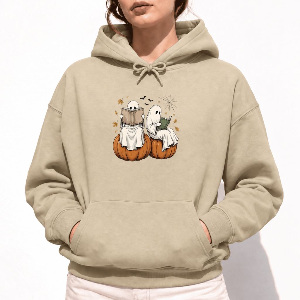 Small Ghosts Reading on Pumpkins Softstyle Hoodie | Spooky Book Lover Gift Sand