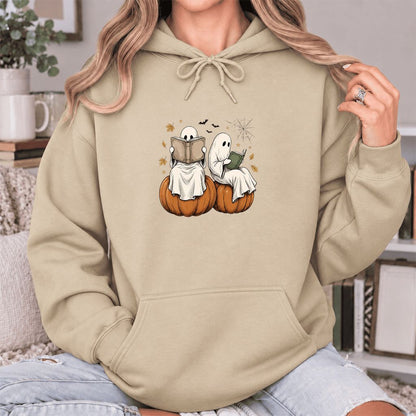 Small Ghosts Reading on Pumpkins Softstyle Hoodie | Spooky Book Lover Gift Sand