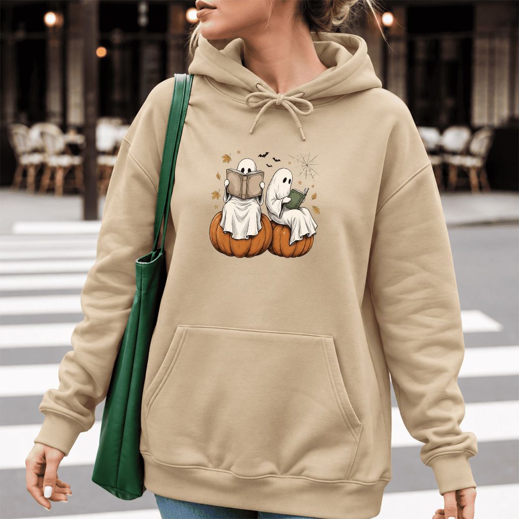 Small Ghosts Reading on Pumpkins Softstyle Hoodie | Spooky Book Lover Gift Sand