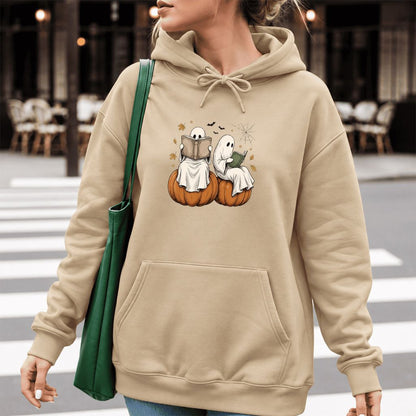 Small Ghosts Reading on Pumpkins Softstyle Hoodie | Spooky Book Lover Gift Sand