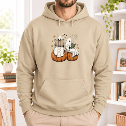 Small Ghosts Reading on Pumpkins Softstyle Hoodie | Spooky Book Lover Gift Sand