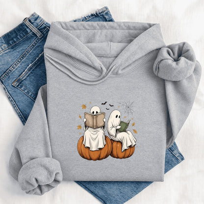 Small Ghosts Reading on Pumpkins Softstyle Hoodie | Spooky Book Lover Gift Sport Grey