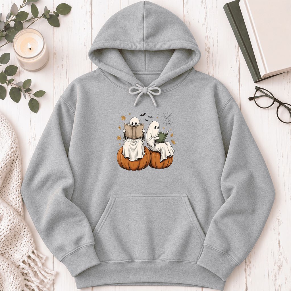 Small Ghosts Reading on Pumpkins Softstyle Hoodie | Spooky Book Lover Gift Sport Grey