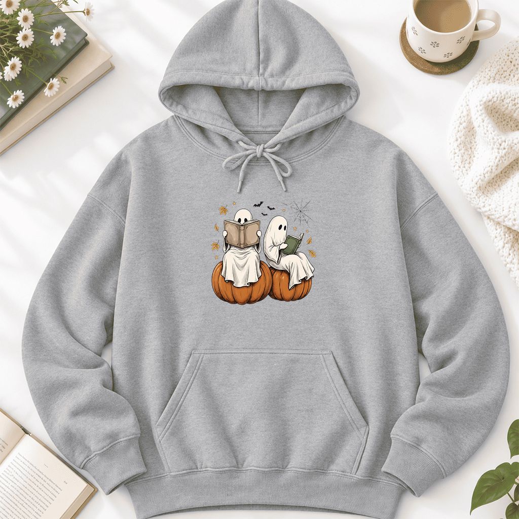 Small Ghosts Reading on Pumpkins Softstyle Hoodie | Spooky Book Lover Gift Sport Grey