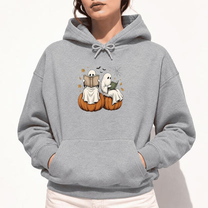 Small Ghosts Reading on Pumpkins Softstyle Hoodie | Spooky Book Lover Gift Sport Grey