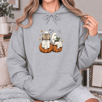Small Ghosts Reading on Pumpkins Softstyle Hoodie | Spooky Book Lover Gift Sport Grey