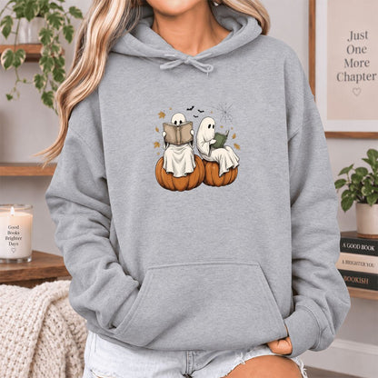 Small Ghosts Reading on Pumpkins Softstyle Hoodie | Spooky Book Lover Gift Sport Grey