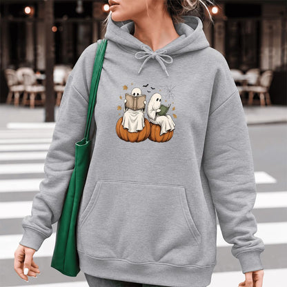 Small Ghosts Reading on Pumpkins Softstyle Hoodie | Spooky Book Lover Gift Sport Grey