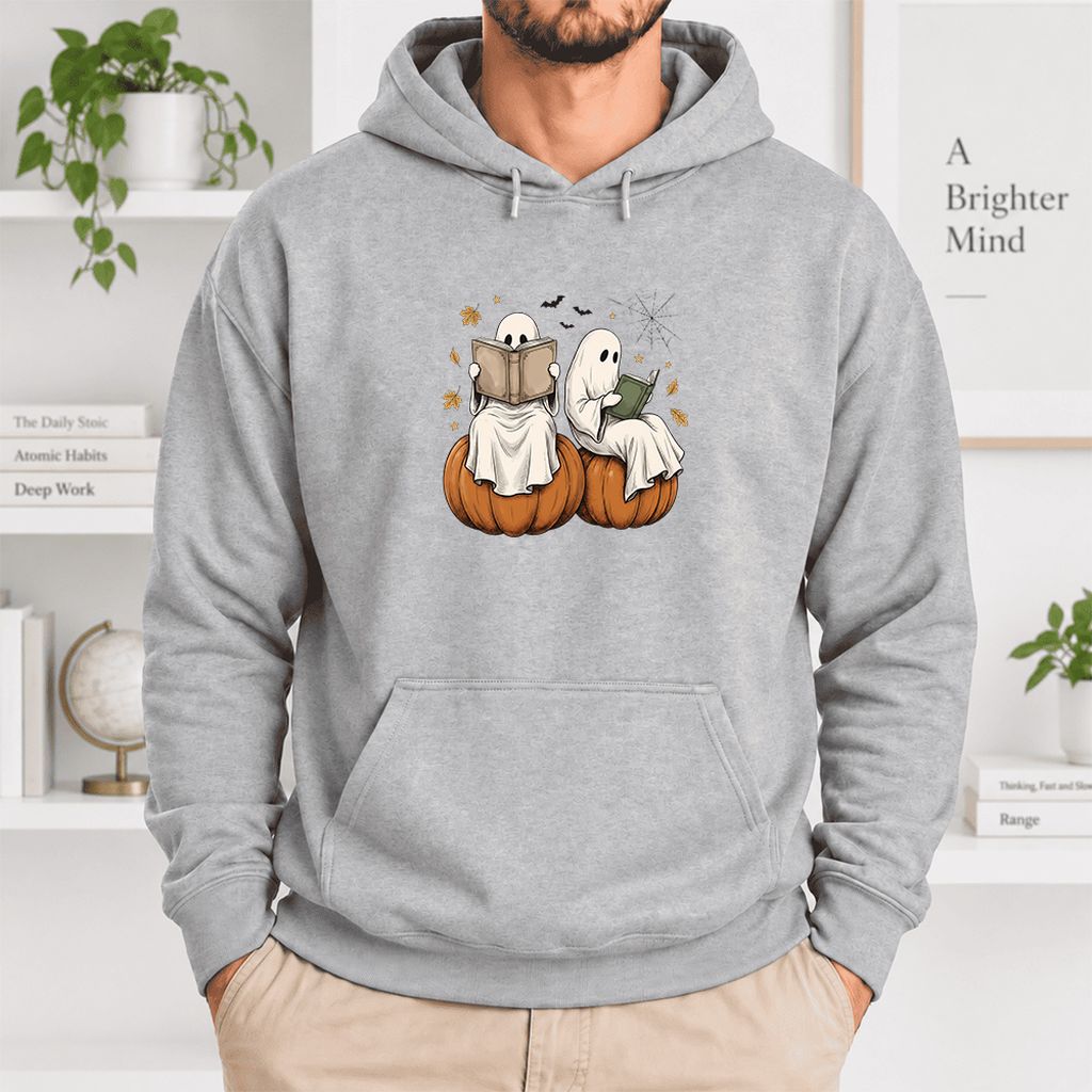 Small Ghosts Reading on Pumpkins Softstyle Hoodie | Spooky Book Lover Gift Sport Grey