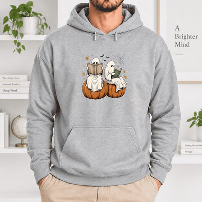 Small Ghosts Reading on Pumpkins Softstyle Hoodie | Spooky Book Lover Gift Sport Grey