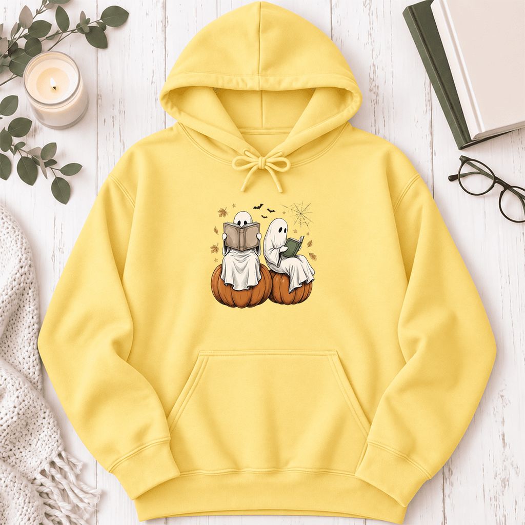 Small Ghosts Reading on Pumpkins Softstyle Hoodie | Spooky Book Lover Gift Yellow Haze