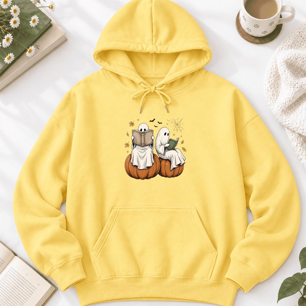 Small Ghosts Reading on Pumpkins Softstyle Hoodie | Spooky Book Lover Gift Yellow Haze