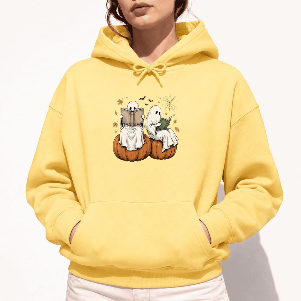 Small Ghosts Reading on Pumpkins Softstyle Hoodie | Spooky Book Lover Gift Yellow Haze