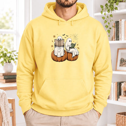 Small Ghosts Reading on Pumpkins Softstyle Hoodie | Spooky Book Lover Gift Yellow Haze