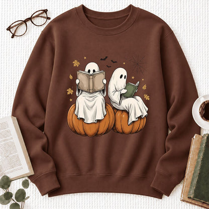 Small Ghosts Reading on Pumpkins Softstyle Sweatshirt | Spooky Book Lover Gift Cocoa