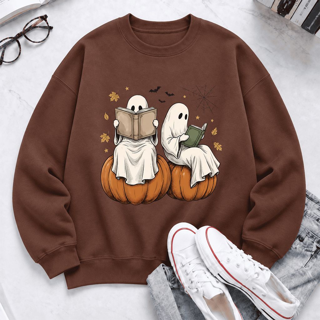 Small Ghosts Reading on Pumpkins Softstyle Sweatshirt | Spooky Book Lover Gift Cocoa