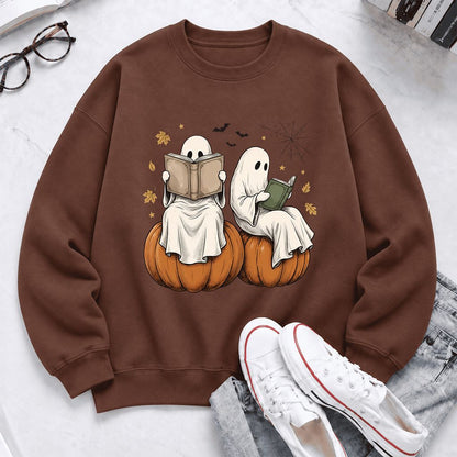 Small Ghosts Reading on Pumpkins Softstyle Sweatshirt | Spooky Book Lover Gift Cocoa