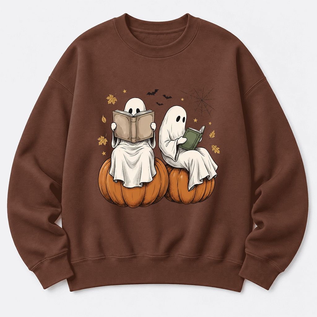 Small Ghosts Reading on Pumpkins Softstyle Sweatshirt | Spooky Book Lover Gift Cocoa