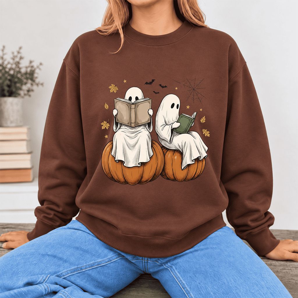 Small Ghosts Reading on Pumpkins Softstyle Sweatshirt | Spooky Book Lover Gift Cocoa
