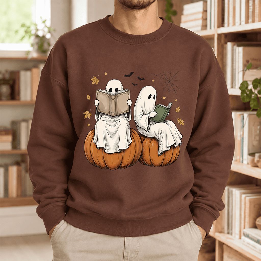 Small Ghosts Reading on Pumpkins Softstyle Sweatshirt | Spooky Book Lover Gift Cocoa