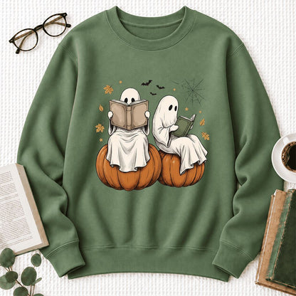 Small Ghosts Reading on Pumpkins Softstyle Sweatshirt | Spooky Book Lover Gift Military Green