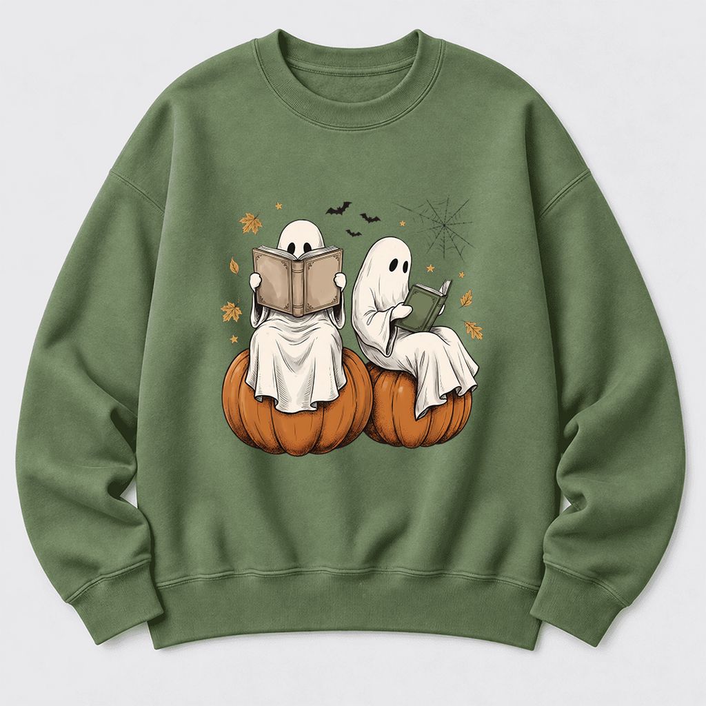 Small Ghosts Reading on Pumpkins Softstyle Sweatshirt | Spooky Book Lover Gift Military Green