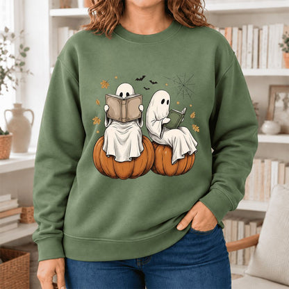 Small Ghosts Reading on Pumpkins Softstyle Sweatshirt | Spooky Book Lover Gift Military Green