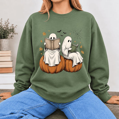 Small Ghosts Reading on Pumpkins Softstyle Sweatshirt | Spooky Book Lover Gift Military Green