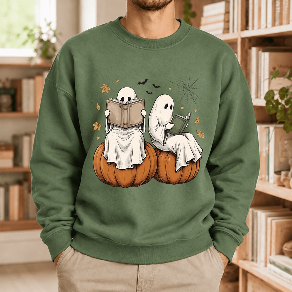Small Ghosts Reading on Pumpkins Softstyle Sweatshirt | Spooky Book Lover Gift Military Green