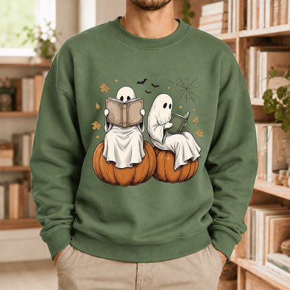 Small Ghosts Reading on Pumpkins Softstyle Sweatshirt | Spooky Book Lover Gift Military Green